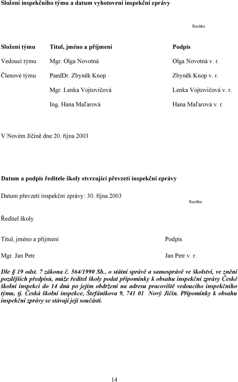 října 2003 Datum a podpis ředitele školy stvrzující převzetí inspekční zprávy Datum převzetí inspekční zprávy: 30. října 2003 Razítko Ředitel školy Titul, jméno a příjmení Podpis Mgr.