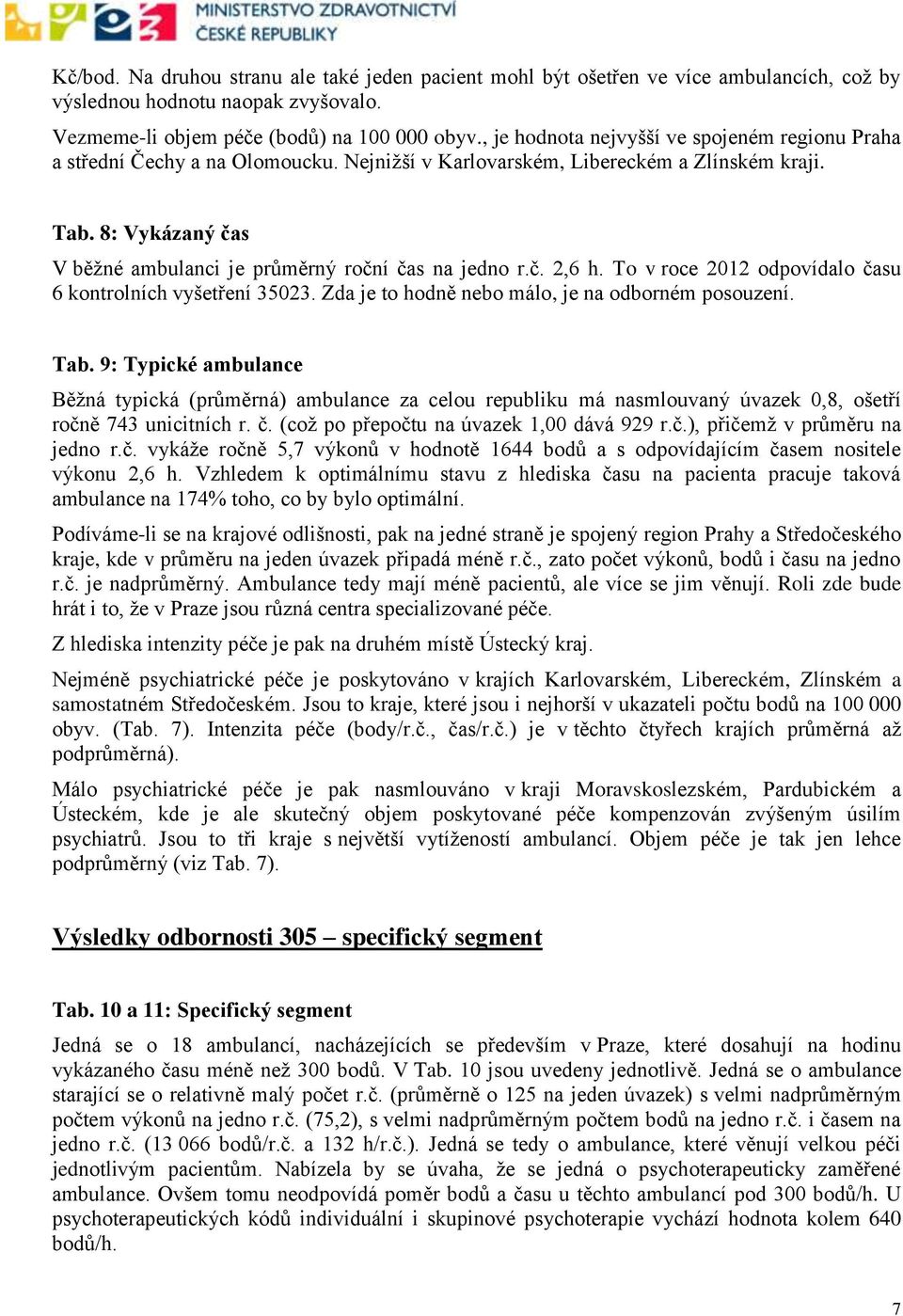 8: Vykázaný čas V běžné ambulanci je průměrný roční čas na jedno r.č. 2,6 h. To v roce 2012 odpovídalo času 6 kontrolních vyšetření 35023. Zda je to hodně nebo málo, je na odborném posouzení. Tab.