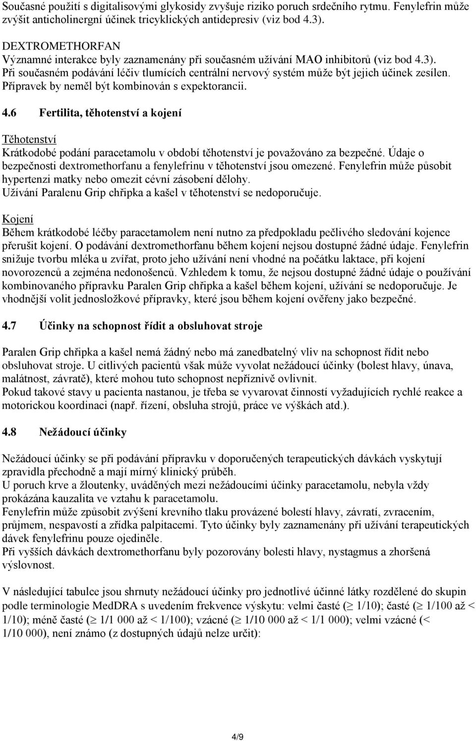 Přípravek by neměl být kombinován s expektorancii. 4.6 Fertilita, těhotenství a kojení Těhotenství Krátkodobé podání paracetamolu v období těhotenství je považováno za bezpečné.