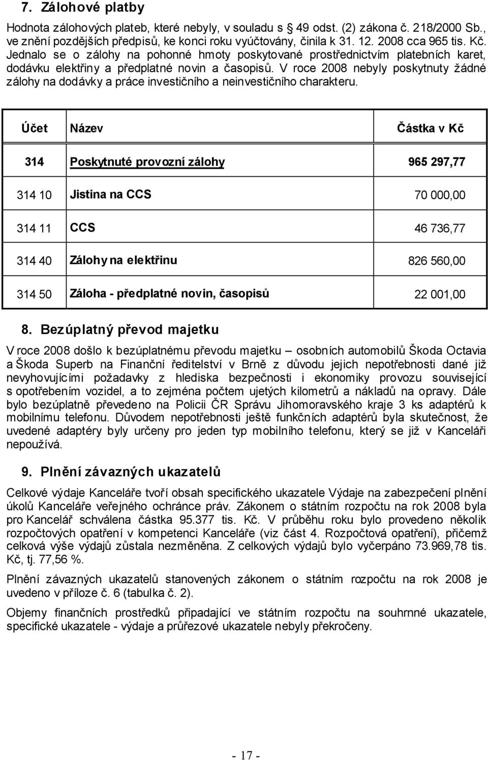 V roce 2008 nebyly poskytnuty žádné zálohy na dodávky a práce investičního a neinvestičního charakteru.