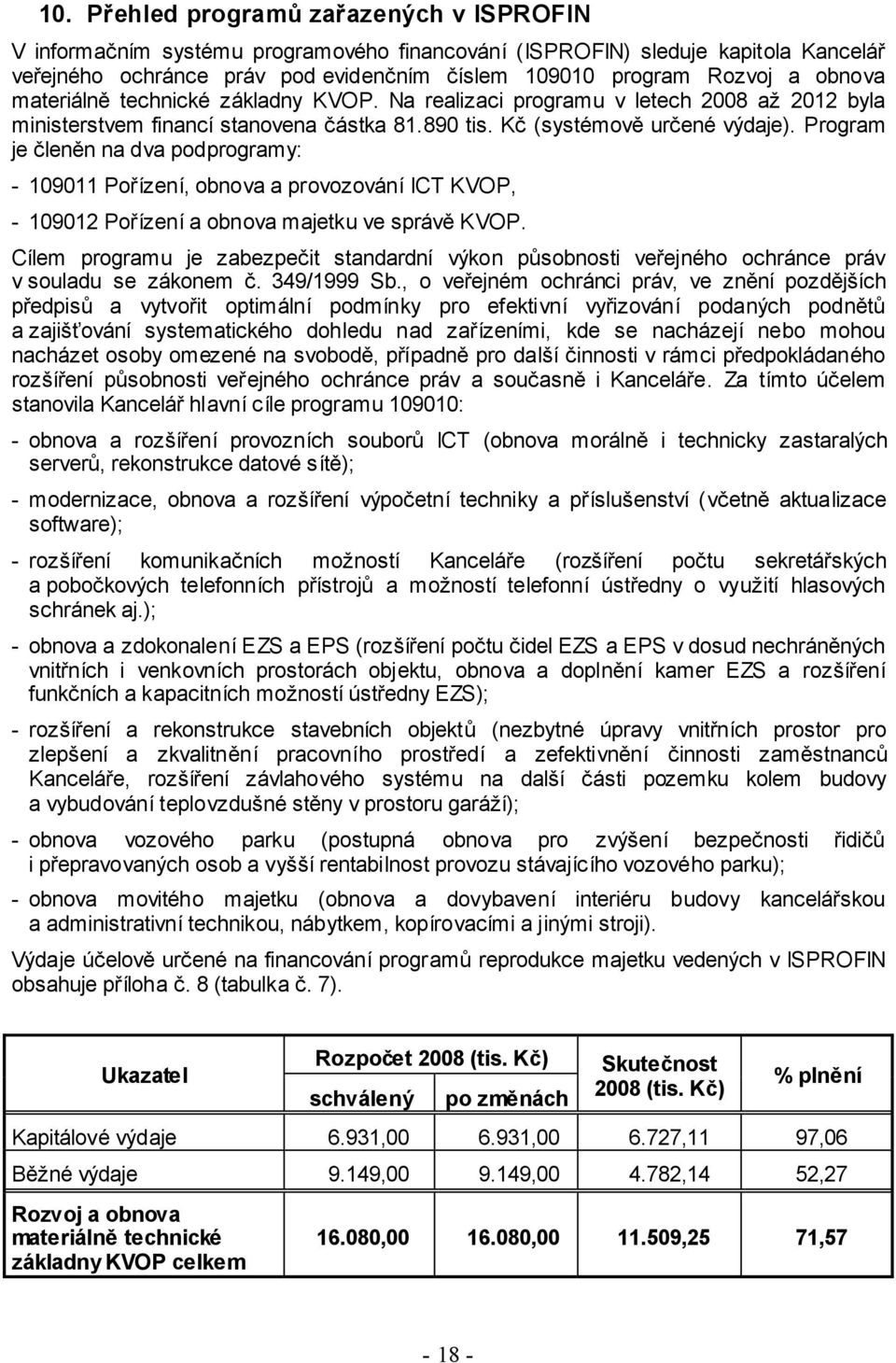 Program je členěn na dva podprogramy: - 109011 Pořízení, obnova a provozování ICT KVOP, - 109012 Pořízení a obnova majetku ve správě KVOP.