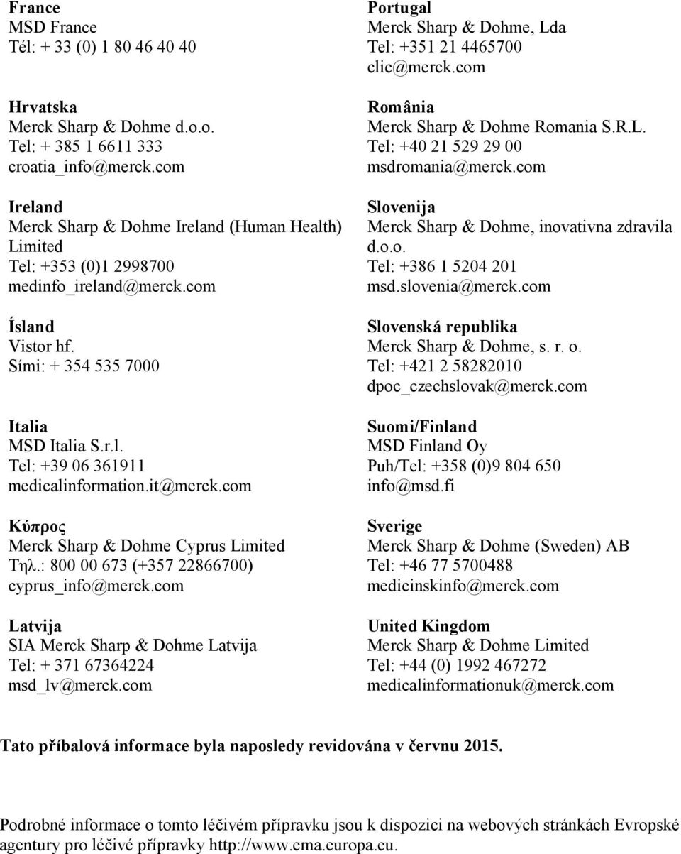 it@merck.com Κύπρος Merck Sharp & Dohme Cyprus Limited Τηλ.: 800 00 673 (+357 22866700) cyprus_info@merck.com Latvija SIA Merck Sharp & Dohme Latvija Tel: + 371 67364224 msd_lv@merck.