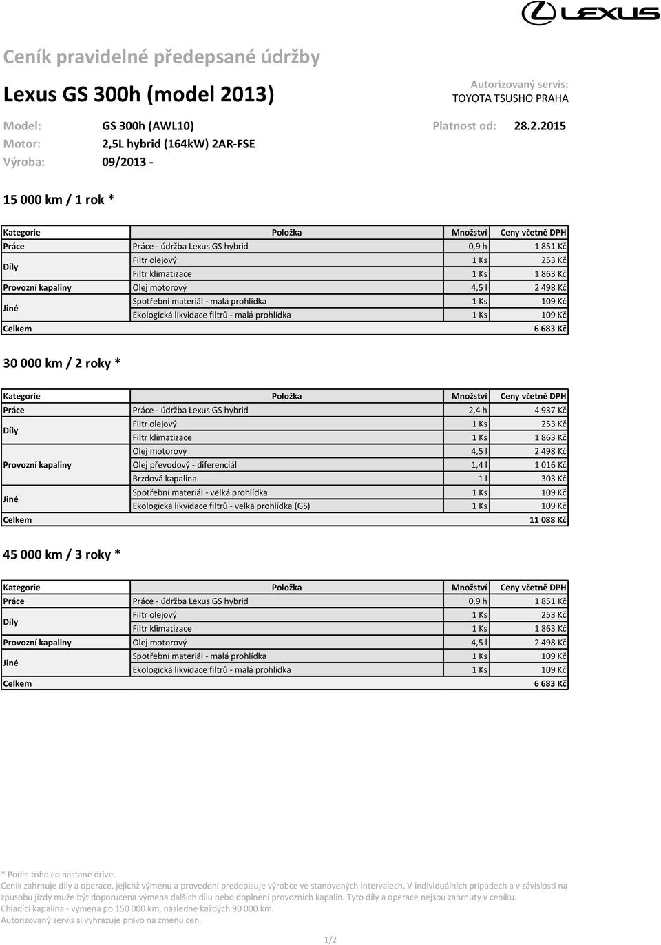 .2.2015 Motor: 2,5L hybrid (164kW) 2AR-FSE Výroba: 09/2013-15 000 km / 1 rok * Práce Práce - údržba Lexus GS hybrid 0,9 h 1 851 Kč Olej motorový 4,5 l