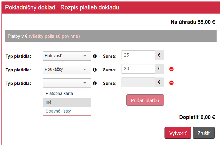 Strana 41 / 96 Obrázok 35: Vytvorenie nového pokladničného dokladu rozpis platidiel Po kliknutí na tlačidlo Vytvoriť sa vygeneruje pokladničný doklad a jeho ID.