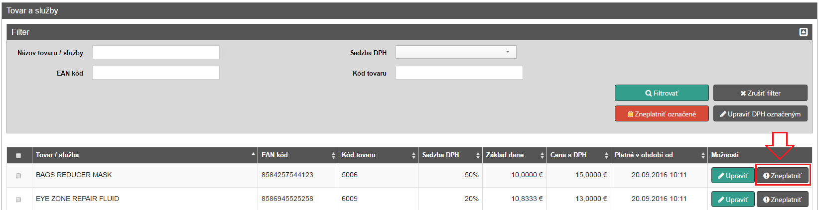 Strana 57 / 96 Podnikateľ má možnosť hromadne upravovať DPH označeným položkám.