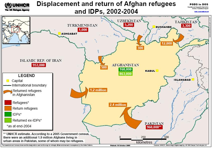 Příloha č. 7: Přesídlení a návrat afghánských uprchlíků a vnitřně přesídlených lidí v letech 2002 2004 Mapa znázorňuje pomocí oranžových šipek počet uprchlíků, kteří se vrátili z okolních zemí.