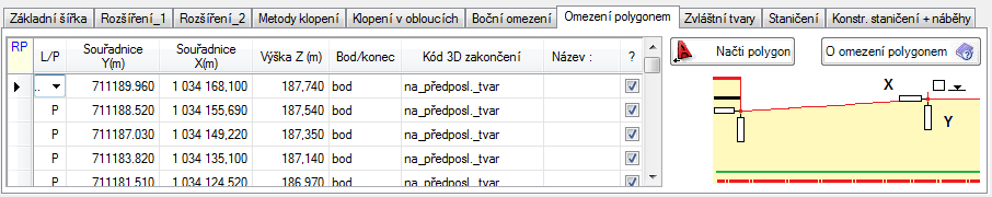 2.2.7 Boční omezení polygonem Vedle tradičního způsobu zadávání bočního omezení lomenou čarou definovanou staničením a vzdáleností od osy se zavádí další možnost: definice bočního omezení polygonem