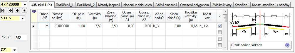 Záložka Základní šířky limit 50 řádků pro každou stranu Záložka Rozšíření limit 2000 řádků pro každou stranu Záložka Metody klopení limit 50 řádků celkem Záložka Klopení v obloucích limit 200 řádků