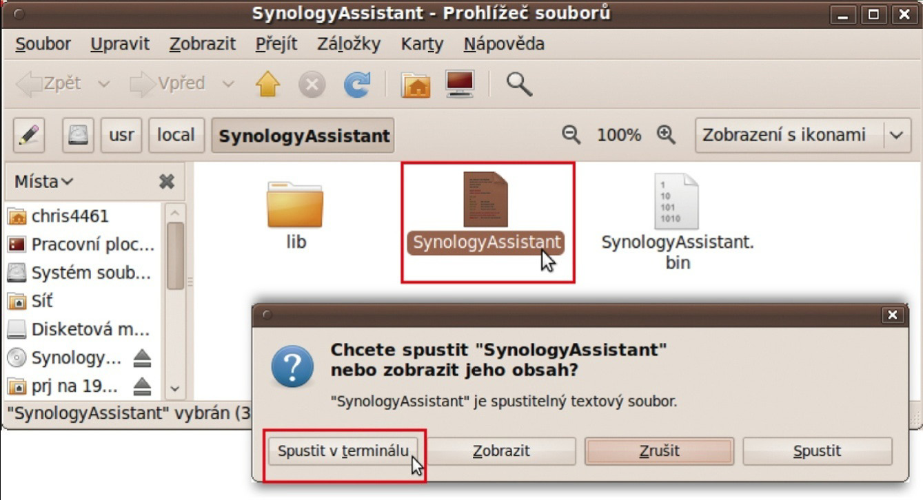 5 Přejděte do adresáře /usr/local/synologyassistant (nebo [zadaná cesta]/synologyassistant), poklepejte na položku SynologyAssistant a potom vyberte v dialogovém okně možnost Spustit v terminálu.