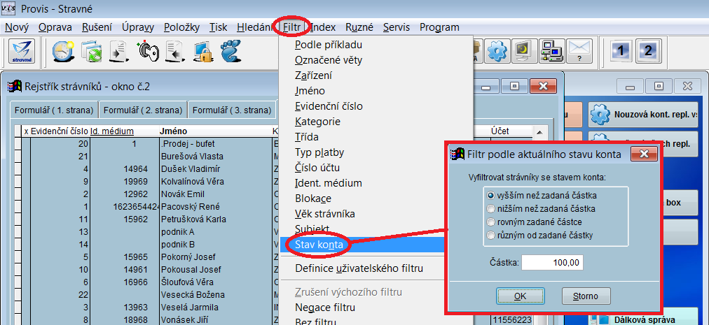 Filtr na stav konta V Rejstříku strávníků umožňuje program nově filtrovat strávníky podle stavu konta.