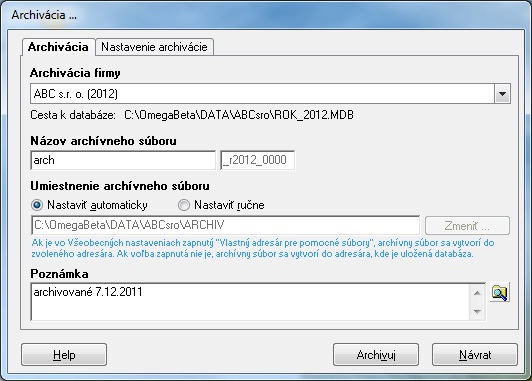 3.2 Archivácia údajov Cez menu Firma Archivuj je možné vytvárať archívne súbory, ktoré odporúčame vykonávať pravidelne každý deň po ukončení práce v Omege.