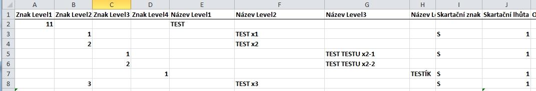 Náhled exportované sady ve formátu xls: Do sady znaků v tabulce doplníme znaky dle potřeby za dodržení následujících podmínek: - Zadání jména u každého spisového znaku - U koncového spisového znaku