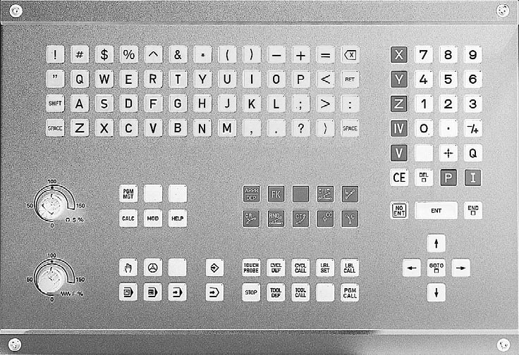 Klávesnice Obrázek vpravo ukazuje klávesy na klávesnici, které jsou rozčleněny podle jejich skupin: Znaková klávesnice pro zadán textu, jmen souborů a programován DIN/ISO Správa souborů, kalkulátor,