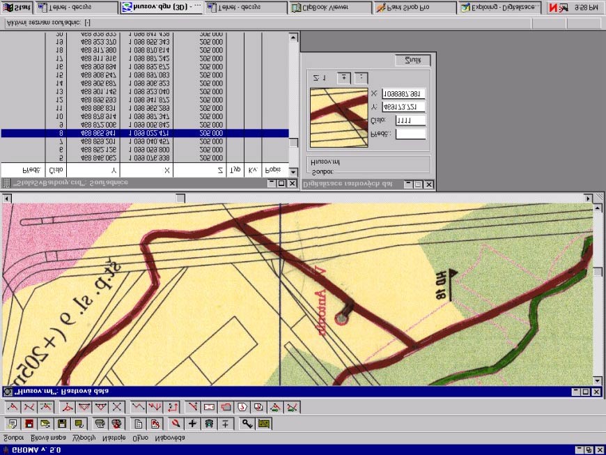 Obr. 3 - Program Groma s naskenovanou mapou, klíčem pro digitalizaci bodů a seznamem souřadnic Tvorba jednotlivých linií Tyto body digitalizovaných linií byly jeden po druhém manuálně spojeny