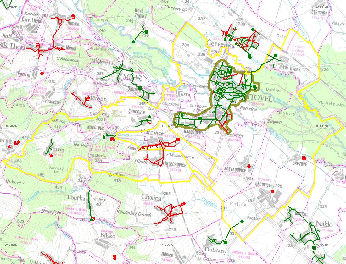 E. KANALIZACE A ČOV Mapa E1: Kanalizace - rozvody v obci Trasování sítí, lokalizace ČOV, čerpací stanice (ČS), výústě Obec: Litovel Legenda: Kanalizace: Ochranné pásmo: Vyústění: do 2015 po 2015 I IA