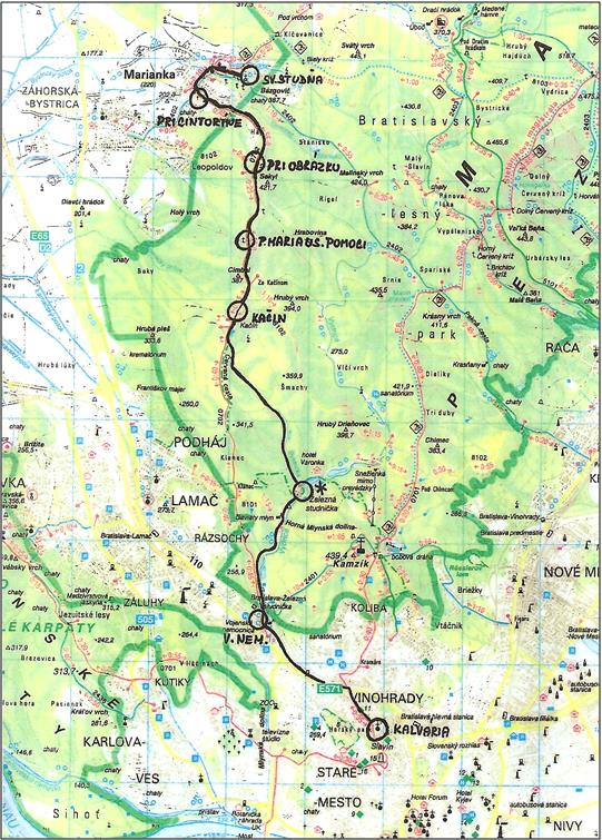 Mapa púte: Pútnické kilometre : Bratislavská Kalvária - Marianka = 15 km Vojenská nemocnica - Marianka = 13 km Železná studnička - bufet - Marianka