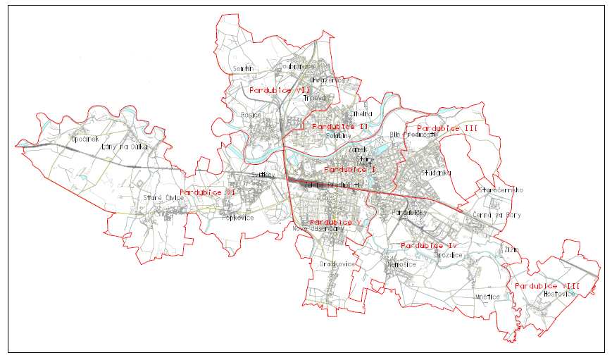 6) Městský obvod Pardubice VI (části obce Svítkov, Popkovice, Staré Čívice, Lány na Důlku, Opočínek a díl části obce Zelené Předměstí) 7) Městský obvod Pardubice VII (části obce Rosice nad Labem,