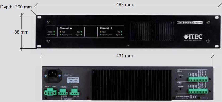 ITECNET DIGIPOWER 2x250T Digitálny zosilňovač 2 x 250W/100V alebo 1 x 500W/100V Skreslenie <