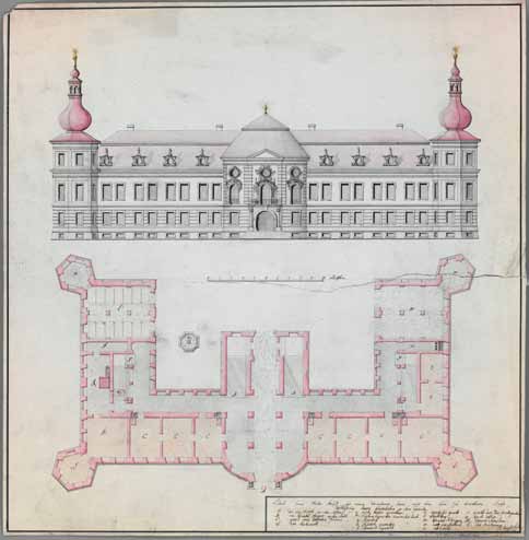 OLOMOUCKÉ UMĚLECKÉ CECHY Miloslav Čermák Josef Stabl, Projekt zámku (ze souboru mistrovských kreseb a projektů), před rokem 1750, kolorovaná perokresba. Státní okresní archiv Olomouc.
