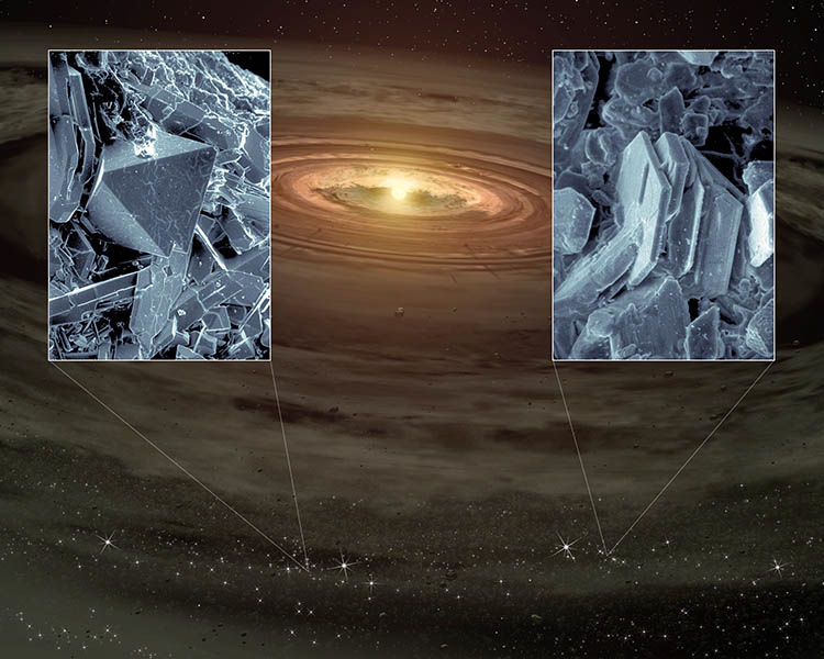 Obr. 8: Krystalky (cristobality a tridymity) a protoplanetární disk. ní se křemen na cristobalit a tridymit.