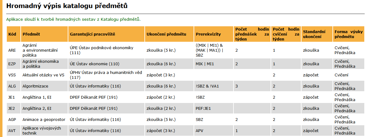 1 KATALOG PŘEDMĚTŮ A STUDIJNÍ PLÁNY Obrázek 9 Sestava předmětů s vybranými atributy předmětů Editace předmětů Editace předmětů se provádí ve skladu předmětů odkud se pak předměty kopírují do