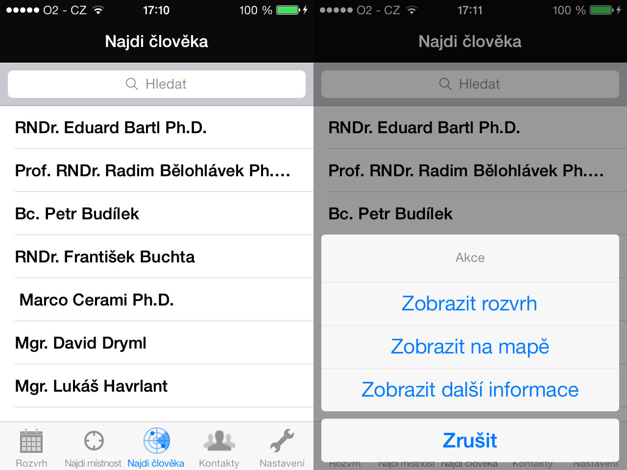 Obrázek 21. Obrazovka druhé záložky s mapou následující rozvrhové akce uživatele (vlevo) a otevřená aplikace Apple Mapy s pozicí rozvrhové akce (vpravo) 7.5.