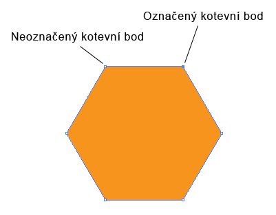 Obr. 5.3 Otočení obdélníku 2. Nástroj pro přímý výběr Direct Selection (Nástroj pro přímý výběr) kotevních bodů. se používá pro označení Na ploše máme vytvořený objekt, v našem případě šestiúhelník.
