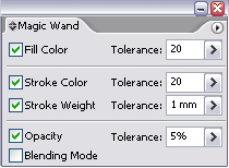 5. Nástroj Kouzelná hůlka Nástroj Magic Wand (Kouzelná hůlka) se používá pro označní objektů, které mají stejné vlastnosti. Dvakrát knikněte na nástroj Kouzelná hůlka a objeví se nabídka (Obr. 5.11).