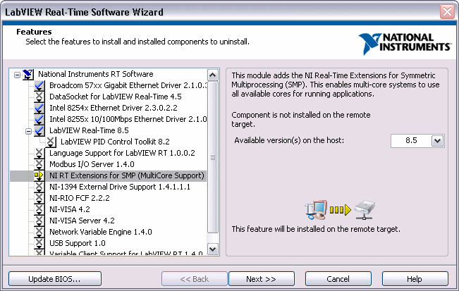 55 Obrázek 25: Instalace ovladačů a softwaru na koncový RT hardware [1] Obrázek 25 ukazuje průvodce LabVIEW RT softwarem s LabVIEW RT modulovým softwarem vybraným pro instalaci na koncový RT hardware.