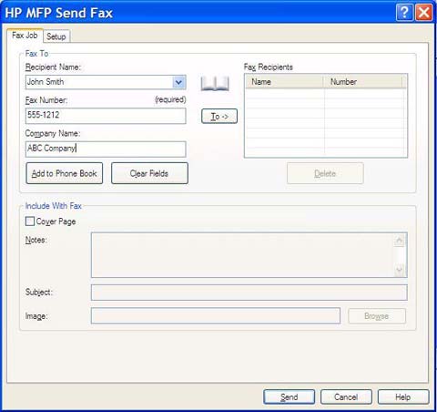 5. V části Fax To (Příjemce faxu) v dialogovém okně HP MFP Send Fax zadejte jméno příjemce, faxové číslo a název společnosti.