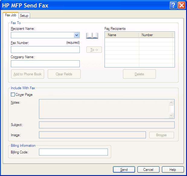 9. Je-li povolena funkce pro práci s účtovacími kódy, zadejte v části Billing Information (Informace o účtování) v dialogovém okně HP MFP Send Fax účtovací kód.