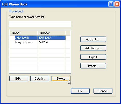 3. V dialogovém okně Edit Phone Book (Upravit telefonní seznam) vyberte jméno, které chcete odstranit, a klepněte na tlačítko Delete (Odstranit).