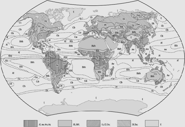Kap. 2: Přehled klasifikací klimatu 16 tohoto vyčlenil pět základních klimatických pásem (A-E), která se dále dělí na 14 klimatických typů podle specifického chodu teploty vzduchu a srážek v roce v