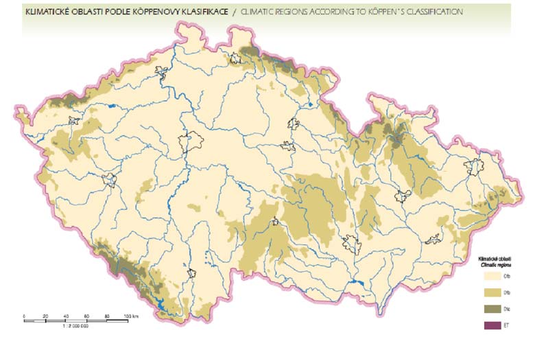 Kap. 4: Diskuze a shrnutí výsledků 60 podnebí Česka (Tolasz [et al.], 2007; viz obr. 20). Zde se používá pro vymezení Cfb standardní dolní hranice -3 C oproti Peelovým 0 C. Obr.