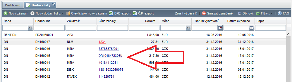 Dodací listy Do evidence dodacích listů byl doplněn vstup pro zadání čísla zásilky. Vstup lze použít pouze v případě, kdy způsob dopravy má zadán základ URL adresy pro sledování.