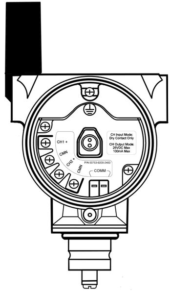 Referenční informace: Zapojení vstupů snímačů, výstupních obvodů a snímačů úniku Vstupy kontaktů spínače bez čisticího proudu Převodník Rosemount 702 má pár šroubových svorek pro každý ze dvou kanálů