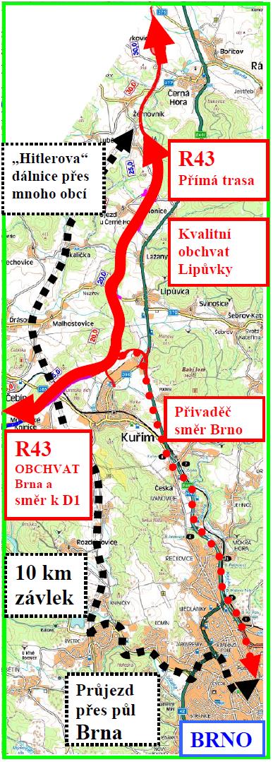 nejlepší variantu Optimalizovaná přímá trasa D43 ( varianta MŽP z roku 2009) značena červeně a