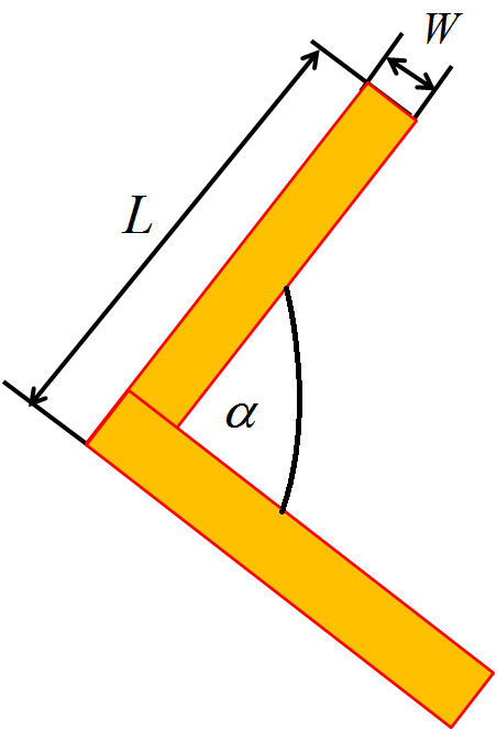 Obr. 7.1: Návrh antény, kde L = délka ramen, W = šířka, α = vrcholový úhel. Jedná se o pole s počtem antén 16 20 s rozestupy v ose x 5 µm a v ose y 6 µm.