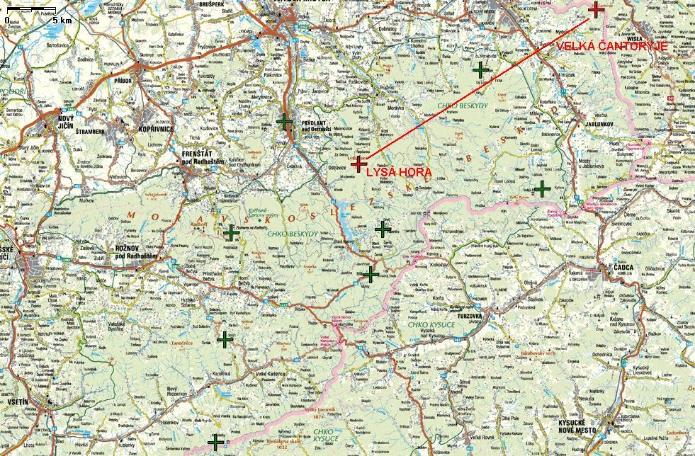 1.00 Mapka s umístěním radiostanic pevné radiostanice směrového spoje - + Lysá hora - Velká Čantoryje f1 / f1 Poznámka :