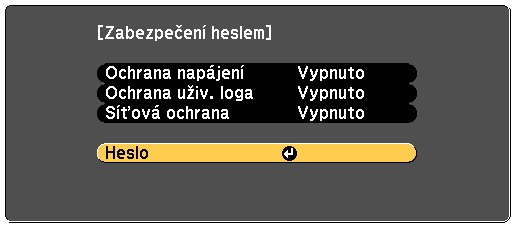 Funkce zbezpečení projektoru 77 c d Zobrzí se dotz "Změnit heslo?". Vyberte položku Ano stiskněte tlčítko [Enter]. zbezpečení Zbezpečení Vyberete-li volbu Ne, znovu se zobrzí nbídk nstvení heslem.