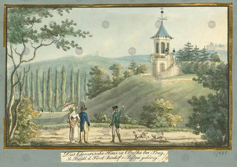 2. J. Rattay, Výhled do zahrady Cibulka o polednách, kol.1820, kolorovaný lept, 180 x 232, MMP 28.816 3 3.