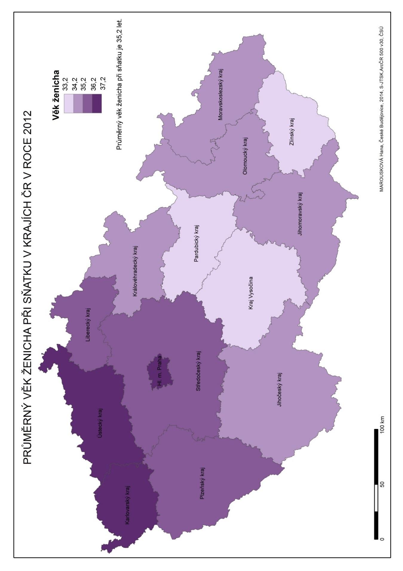 Mapa 2: Průměrný věk ženicha při