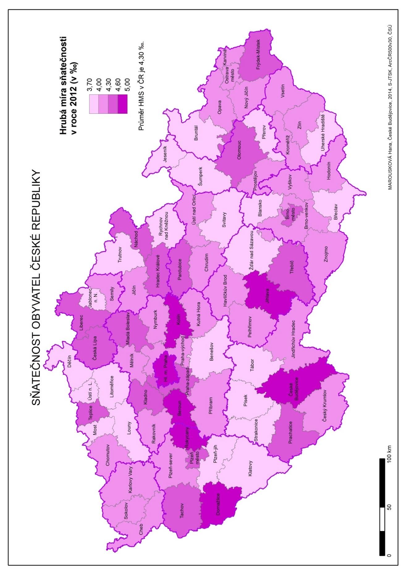 Mapa 6: Hrubá míra sňatečnosti obyvatel v