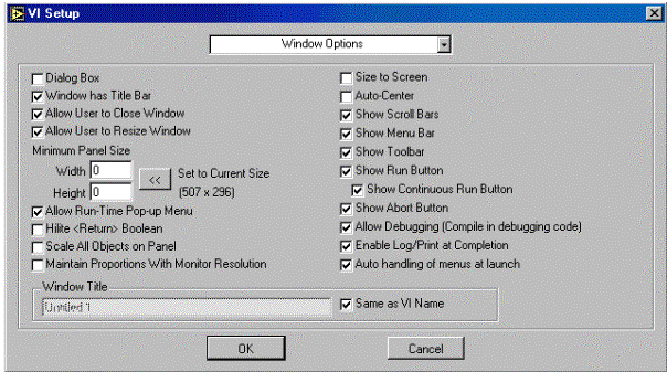 2 Obr. 6-3-2 Volby pro nastavení prvků okna při běhu virtuálního přístroje Windows Options - se uplatní jen v módu běhu programu, nikoliv v editačním módu.