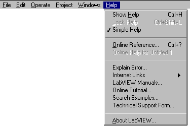 6 Obr. 2-3-5 Položka menu Windows (Okna) Window skupina příkazů pro práci s okny: Show Diagram ukaž okno blokového diagramu. Show VI info ukaž okno pro zadání nápovědy pro daný VI.