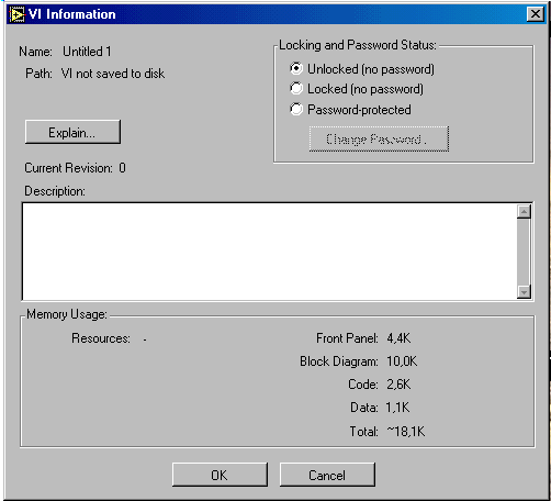 3.3 KOMENTÁŘE K PRVKŮM A FUNKCÍM Poslední součástí virtuálního přístroje je doplnění komentáře k celé funkci. Tento komentář se zadává v menu Windows... v položce Show VI Info.