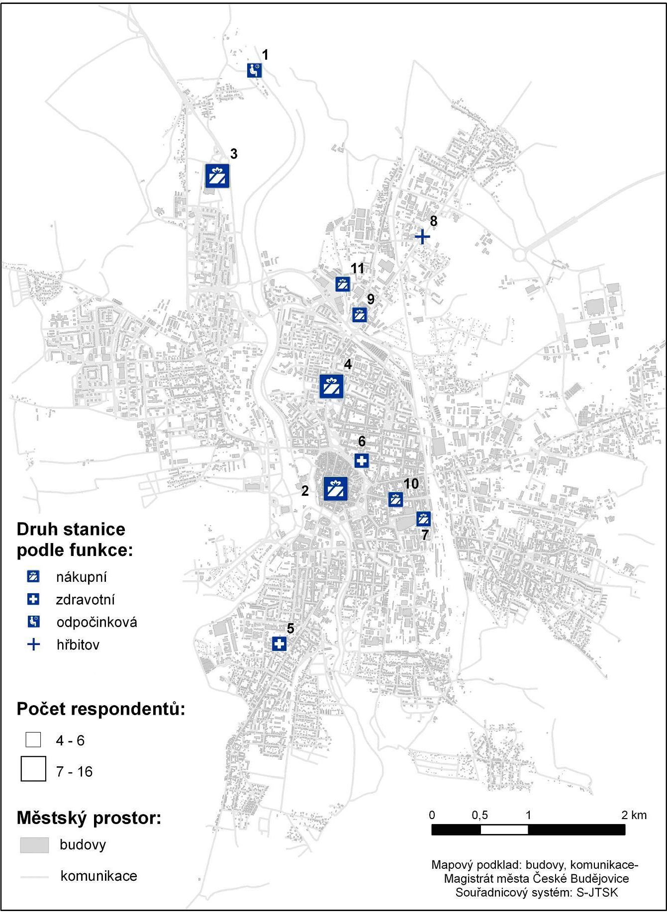 Mapa č. 4 Nejnavštěvovanější stanice sledované skupiny důchodců zdroj: výzkum 6.