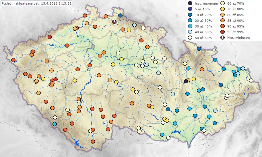 Popis mapy: Symboly ukazují porovnání současného průměrného průtoku za posledních 24 hodin se všemi pozorovanými denními průtoky v daný den roku za období pozorování.
