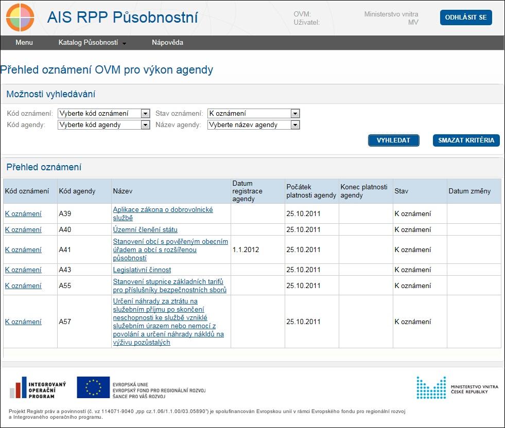 5.3 Postup procesu Oznámení Proces Oznámení lze rozdělit do následujících kroků, které jsou dále detailně popsány: 1. Přihlášení do AIS RPP Působnostní načtení údajů 2. Zobrazení a výběr agend 3.