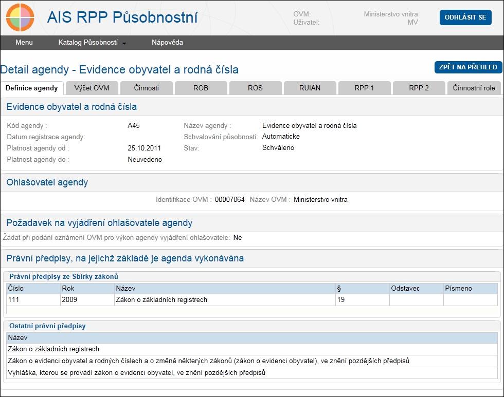 Detailní informace o agendě jsou koncipovány do několika obrazovek. Přesun mezi jednotlivými obrazovkami je pomocí záložek v horní části datového panelu, viz obr.28.